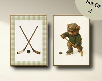 Vintage Hockey Print Set | Teddy Bear Nursery Decor (Digital Download)