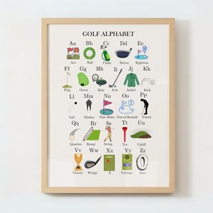 Stampa dell&#39;alfabeto del golf per la cameretta dei bambini, arte murale con acquerello sul golf, decorazioni per la cameretta dei bambini, stampa dell&#39;alfabeto del golf per la cameretta dei bambini, stampa per la cameretta dei ragazzi, arte per bambini a tema golf