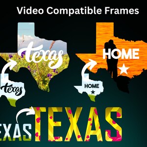 Pode incluir: Um design gr&aacute;fico que apresenta o estado do Texas com diferentes imagens e sobreposi&ccedil;&otilde;es de texto. As imagens incluem um campo de flores silvestres, um p&ocirc;r do sol sobre uma massa de &aacute;gua e uma silhueta de um casal. O texto inclui "Texas", "Home" e "TEXAS".
