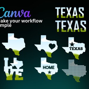 Pode incluir: Um conjunto de seis designs diferentes com o estado do Texas. Os designs incluem um contorno azul e verde do estado com nuvens, uma forma de cora&ccedil;&atilde;o recortada do estado, uma estrela e a palavra "Texas" dentro do estado, a palavra "Love" com o estado dentro das letras, a palavra "Home" dentro do estado, e uma vers&atilde;o pixelada do estado.