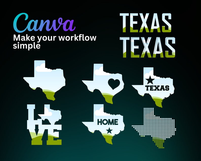 Pode incluir: Um conjunto de seis designs diferentes com o estado do Texas. Os designs incluem um contorno azul e verde do estado com nuvens, uma forma de cora&ccedil;&atilde;o recortada do estado, uma estrela e a palavra "Texas" dentro do estado, a palavra "Love" com o estado dentro das letras, a palavra "Home" dentro do estado, e uma vers&atilde;o pixelada do estado.
