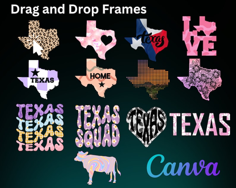 Pode incluir: Uma cole&ccedil;&atilde;o de elementos de design digital com o estado do Texas. Os designs incluem uma variedade de padr&otilde;es, cores e fontes, incluindo um design em forma de cora&ccedil;&atilde;o, um design floral, um design xadrez, um design de bolinhas e um design com a palavra "Texas" repetida v&aacute;rias vezes. Os designs s&atilde;o perfeitos para criar camisetas personalizadas, canecas, capas de telefone e outros itens personalizados.
