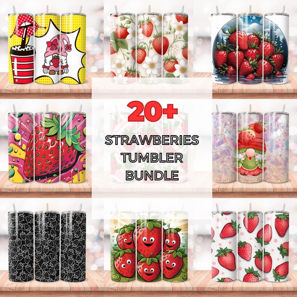 20+ Strawberry Tumbler Wrap Bundle, Design Seamless 20 oz Skinny Tumbler, Conception de sublimation, PNG Fruit Tumbler Wrap, Berry Design