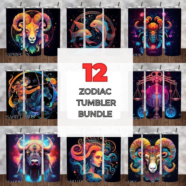 Zodiac Tumbler Wrap Bundle 20 oz Skinny Tumbler Sublimation Designs, Rainbow Star Sign Galaxy Straight Tumbler PNG, Instant Digital Download