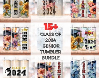 15 + Senior 2024 Tumbler Wrap Bundle, 20 Unzen Skinny Tumbler Wrap PNG, Graduation Straight Tumbler Sublimation, digitaler Download, Floral Cap