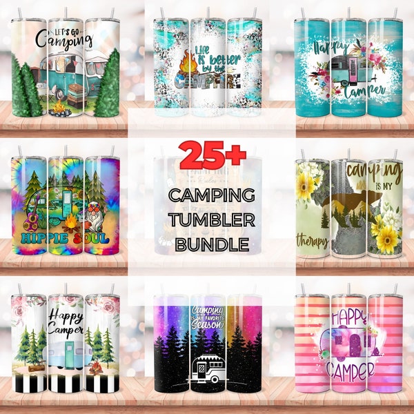 Plus de 25 photos de camping vie en verre, 20 oz skinny sublimation designs, téléchargement numérique de fichier PNG de camping, verre de camping png, verre de camp