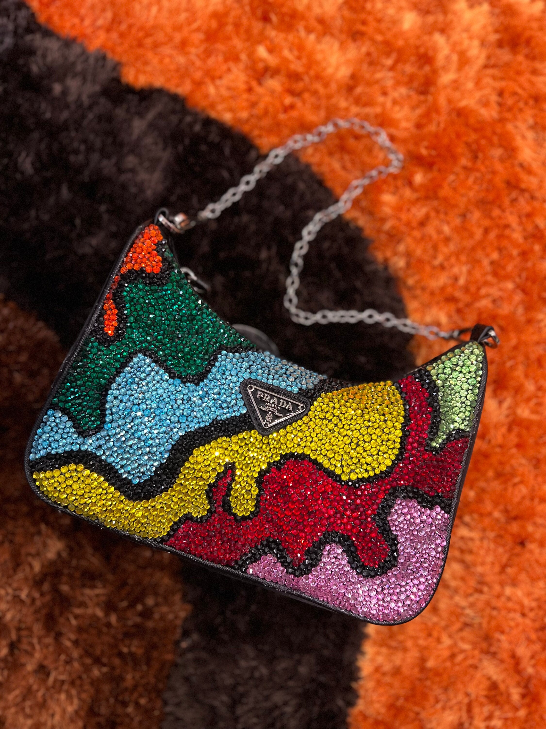 Fashion Culture Rainbow Rhinestone Half Moon Clutch Crossbody Bag, Multi