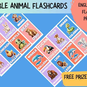 BILINGUAL Kid&#39;s Animal Flashcards English/Spanish- PRINTABLE PDF