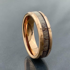 Roségouden trouwring voor mannen vrouwen, hertengewei wolfraamring trouwring, roségouden ring hertengewei, 6 mm, halve maten beschikbaar: 4 tot 14