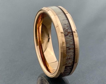 Rose Gold Wedding Band for Men Women, Deer Antler Tungsten Ring Wedding Band, Rose Gold Deer Antler Ring, 6MM, Half Sizes Available 4 to 14