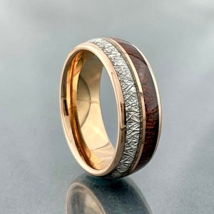 Tungsten Ring Wedding Band Men Women Rose Gold  Wood Meteorite Inlay 8MM Size 4 to 15 Anniversary Engagement Marriage Unique Gift