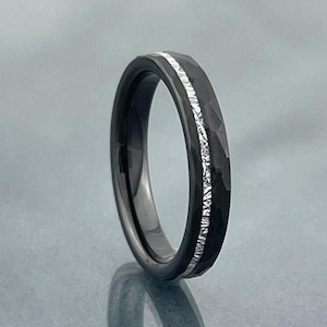 Black Hammered Brushed Meteorite Inlay Wedding Band Men Women Tungsten Ring 4MM Comfort Fit Size 4 to 14 Male Unique Fashion Anniversary