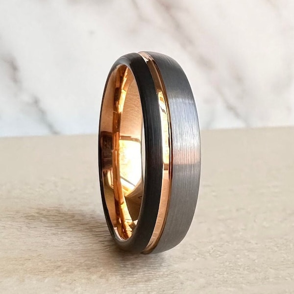 Wedding Ring Tungsten Band Men Women Three Tone Black Rose Gold Grey Brushed 6MM  Size 4 to 15 Anniversary Engagement Marriage Gift