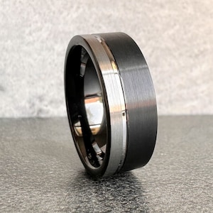 Wedding Tungsten Ring Band Men Women Two Tone Black Grey Channel Brushed 8MM Size 5 to 15 Anniversary Engagement Marriage Gift