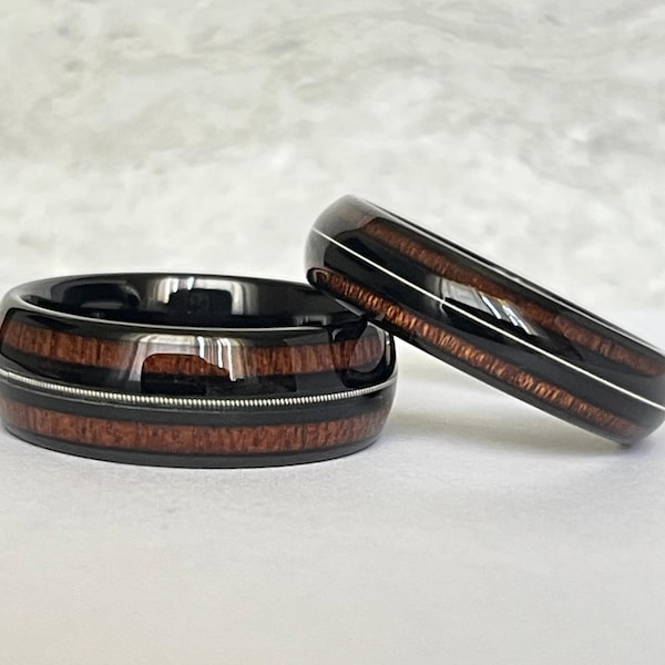 Tungsten Ring Wedding Band SET Men Women Black Wood Guitar String Inlay 8MM and 6MM Size 4 to 15 Anniversary Engagement Marriage Unique Gift