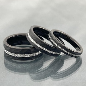 Black Hammered Brushed Meteorite Wedding Band SET Men Women Tungsten Ring 8MM 6MM 4MM Comfort Fit Size 5 to 15 Male Unique Anniversary