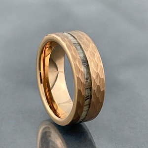 Rose Gold Hammered Brushed Deer Antler Inlay Wedding Band Men Women Tungsten Ring 8MM Comfort Fit Size 5 to 15 Male Unique Anniversary