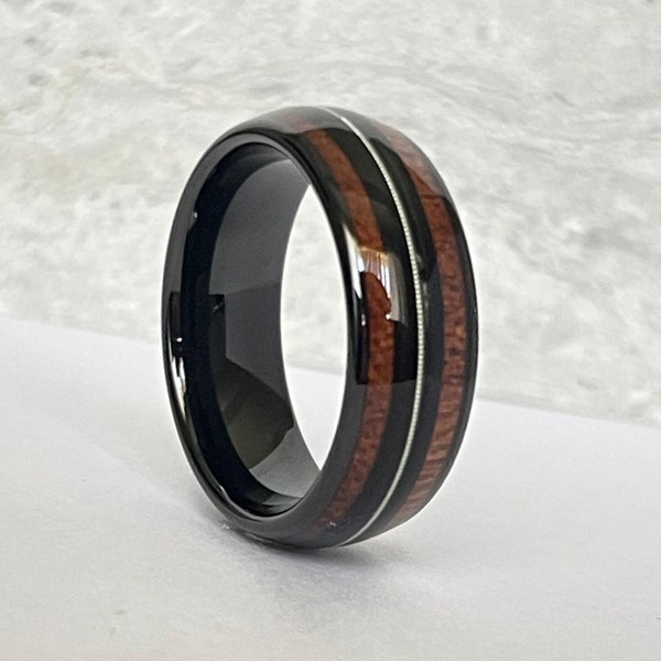 Tungsten Ring Wedding Band Men Women Black Wood Guitar String Inlay 8MM Size 4 to 15 Anniversary Engagement Marriage Unique Gift