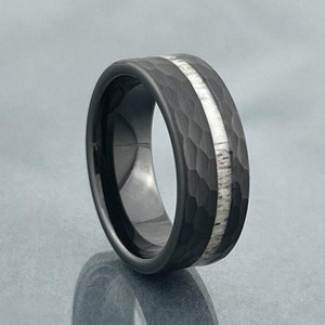 Black Hammered Brushed Deer Antler Inlay Wedding Band Men Women Tungsten Ring 8MM Comfort Fit Size 5 to 15 Male Unique Fashion Anniversary