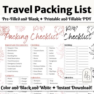 Travel Packing List Editable Packing Checklist Printable Travel Check List Packing List Fillable Botanical Packing List