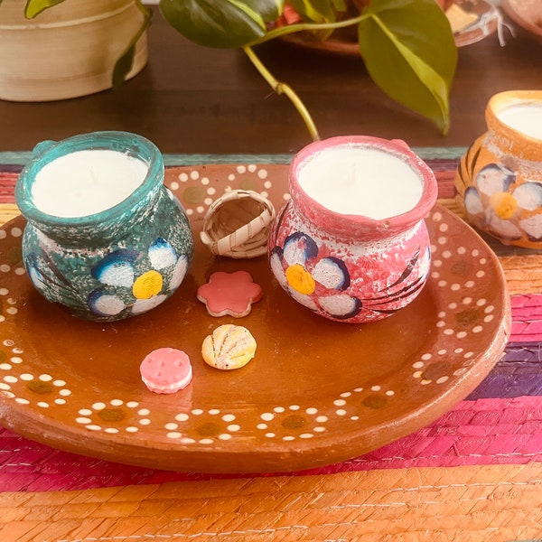 Mexican pottery, handmade mini soy candle, reusable Mexican mug, party favors, rustic mug, clay decorations, reusable, hand painted, velas