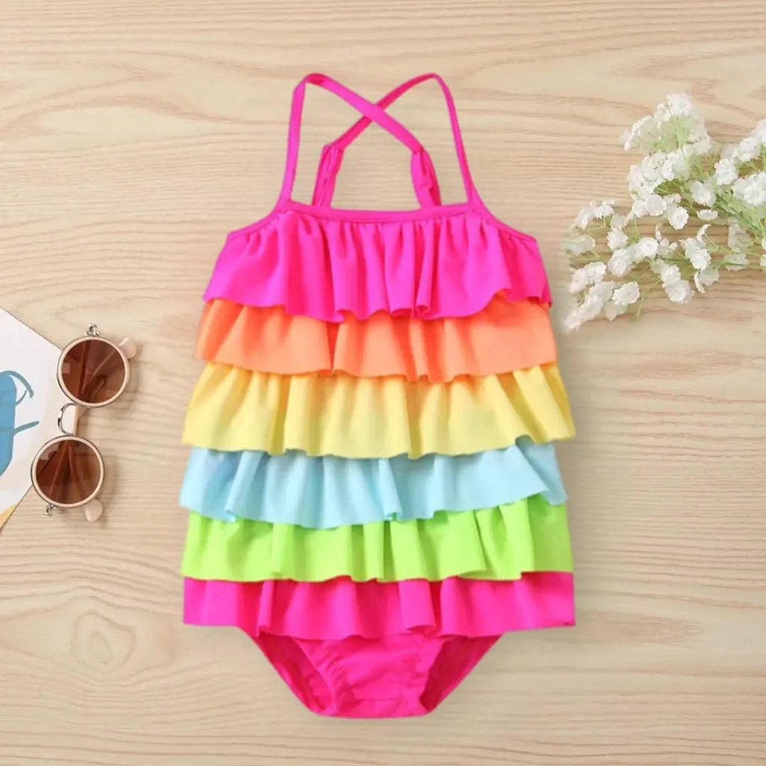 Toddler Girl Rainbow Swimsuit Girls Ruffled Layers One Piece Etsy