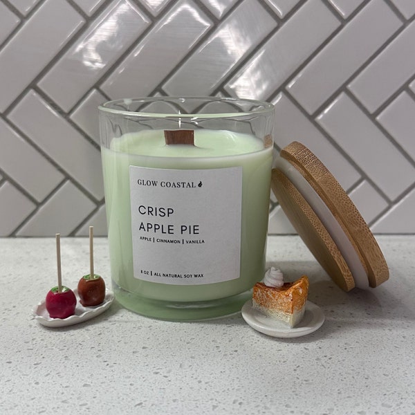 Crisp Apple Pie Soy Wax Candle | Apple Cinnamon Vanilla Scented Candle 8 Oz | Aesthetic Fall Candle | Autumn Wood Wick Candle | Fall Decor