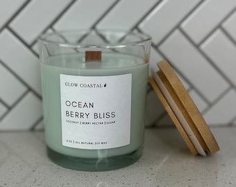 Ocean Berry Bliss Scented Soy Wax Candle 8 Oz | Luxury Candles | All Natural Modern Fall Candle | Aesthetic Holiday Candles | Wood Wick