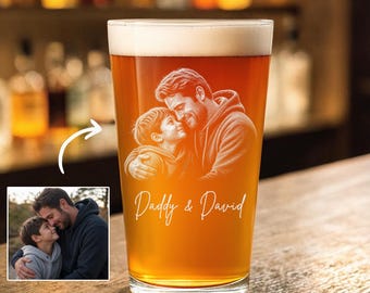 Custom Father's Day Gift From Kid, Engraved Kid Photo With Dad Pint Glass, Gift For Dad, Daddy & Kids Gift Idea, Personal Gift With Photo