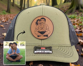 Custom Dad And Child Portrait Leather Patch Hat, Personalized Trucker Cap Gift from Daughter Son, Richardson 112 Father’s Day Hat