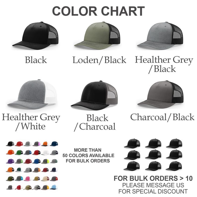 Puede incluir: Carta de colores que muestra diferentes combinaciones de colores para una gorra de camionero. La gorra est&aacute; disponible en negro, carb&oacute;n, gris, blanco y verde. El texto "M&Aacute;S DE 50 COLORES DISPONIBLES PARA PEDIDOS AL POR MAYOR" se muestra debajo de la carta de colores. El texto "PARA PEDIDOS AL POR MAYOR > 10 POR FAVOR ENV&Iacute;ENOS UN MENSAJE PARA UN DESCUENTO ESPECIAL" se muestra debajo de la carta de colores.