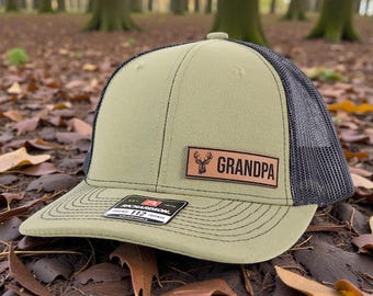 Grandpa Hunting Leather Patch Hat, Custom Leather Trucker Cap for Outdoorsman Grandpa, Richardson 112 Gift Hat For Hunter Dad, Fathers Day