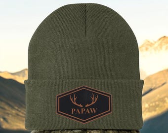 Personalized Papaw Beanie Hat, Custom Engraved Winter Cap Gift for Grandpa, Hunting Lover Christmas Gift, Father's Day Gift
