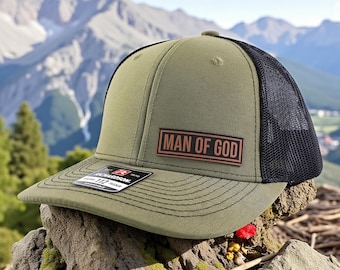 Man of God Hat, Christian Trucker Hat, Faith Richardson 112 Cap, Religious Gift for Him, Godly Man Hat, Leather Patch Hat, Christian Hat