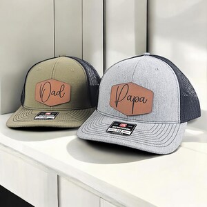 Customized Hats for Dad, Custom Leather Patch Hat, Papa hats, Richardson 112 Leather Patch Cap, Snapback Hat, Personalized Mens Hats