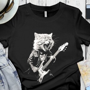 Rockstar Cat T-Shirt, Cool Guitar Playing Kitten Tee, Unisex Rock Musician Shirt for Music Lovers