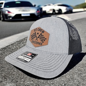 Custom Pit Crew Hat With Name, Racing Trucker Hat With Checkered Flags Patch, Richardson 112 Adjustable Cap, Personalized Gift For Racer