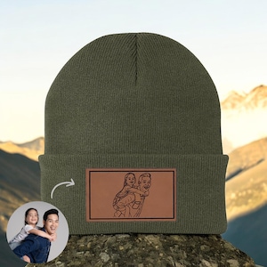 Personalized Portrait Photo Leather Patch Beanie, Custom Beanie Gift, Personalized PAPA Gift, Custom Name Beanie, Fathers Day Gift