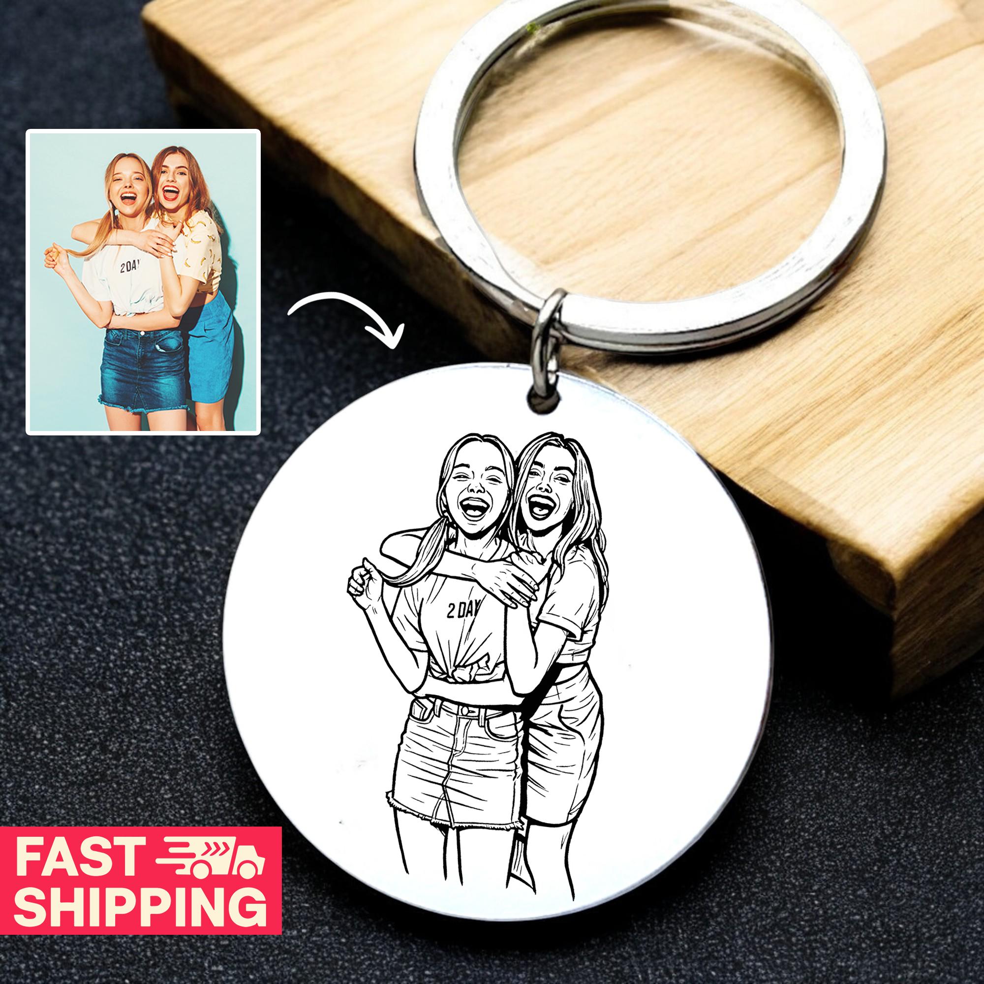 Custom Best Friend Keychain, Personalized Line Art Portrait Keyring ...