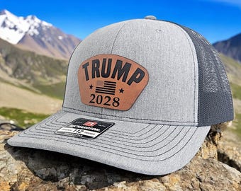 Trump 2028 Hat, Leather Laser Engraved Hat, MAGA Trucker Cap For Trump Supporters, President Hat, Patriotic USA Election Gear