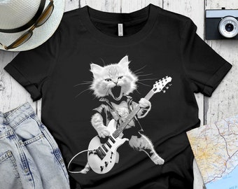 Funny Cat Guitarist T-Shirt, Rock Music Lover Tee, Cool Pet Musician Shirt, Unisex Cat Guitar T-Shirt, Animal Band Tee