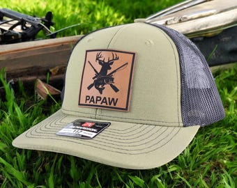 Personalized Papaw Hunting Fishing Leather Patch Hat, Richardson 112 Trucker Cap, Hunting Grandpa Gift, Fishing Grandpa Hat, Fathers Day