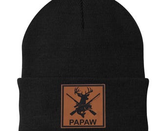 Custom Papaw Hunting Beanie Leather Patch Hat, Personalized Grandpa Gift for Hunters, Hunting and Outdoor Lovers Gift, Father's Day Gift