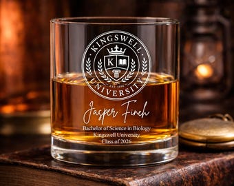 Custom College Logo Graduation Gift, Class of 2026 Whiskey Glass, Custom PhD Graduation Gifts, Grad Gift For Son, Class Of 2026 Gift