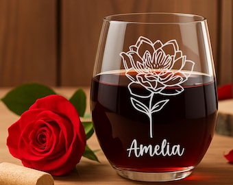 Personalized Birth Flower Wine Glass with Custom Name Engraving, Custom Floral Gift for Her, Birthday, Custom Gift For Bridemaid