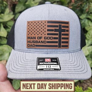 Fathers Day Gift, Man Of God Husband Dad Trucker Hat, Richardson 112 Cap, Faith Gift For Him, Religious Dad Hat, Christian American Flag Hat