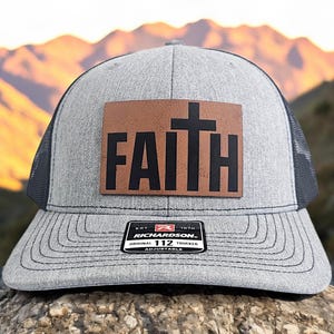 Faith Christian Trucker Hat with Cross Patch, Richardson 112 Mesh Snapback Cap, Religious Leather Hat for Men and Women of Faith