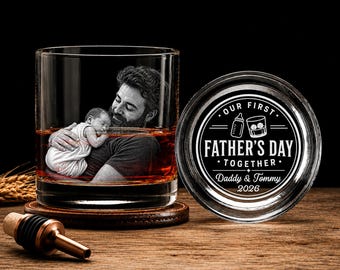 Custom First Father's Day Whiskey Glass with Photo, Our First Father's Day Together, Unique Gift For Daddy, Engraved Photo Whiskey Glass