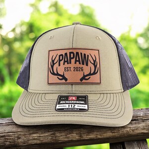 Custom Papaw EST. 2026 Hunter Leather Patch Hat, Richardson 112 Cap, New Grandpa Gift, Hat For Him, Fathers Day Gift, Gift For Hunter