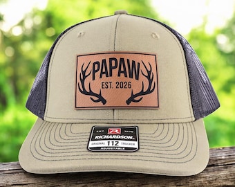 Custom Papaw EST. 2026 Hunter Leather Patch Hat, Richardson 112 Cap, New Grandpa Gift, Hat For Him, Fathers Day Gift, Gift For Hunter